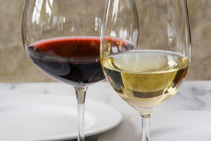 wine glasses on a marble counter top